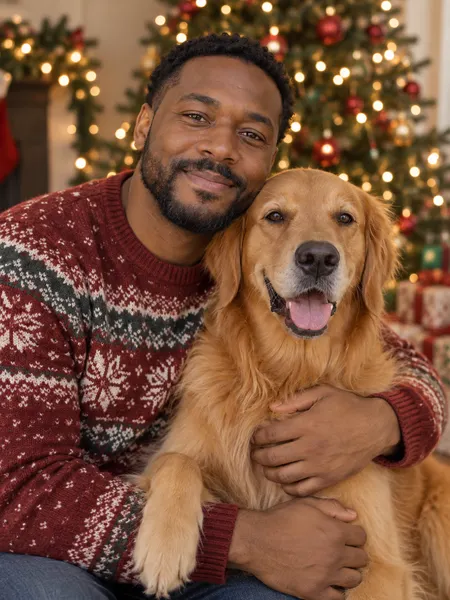 Our kind of Christmas — fictional people and pets showing the suggested composition